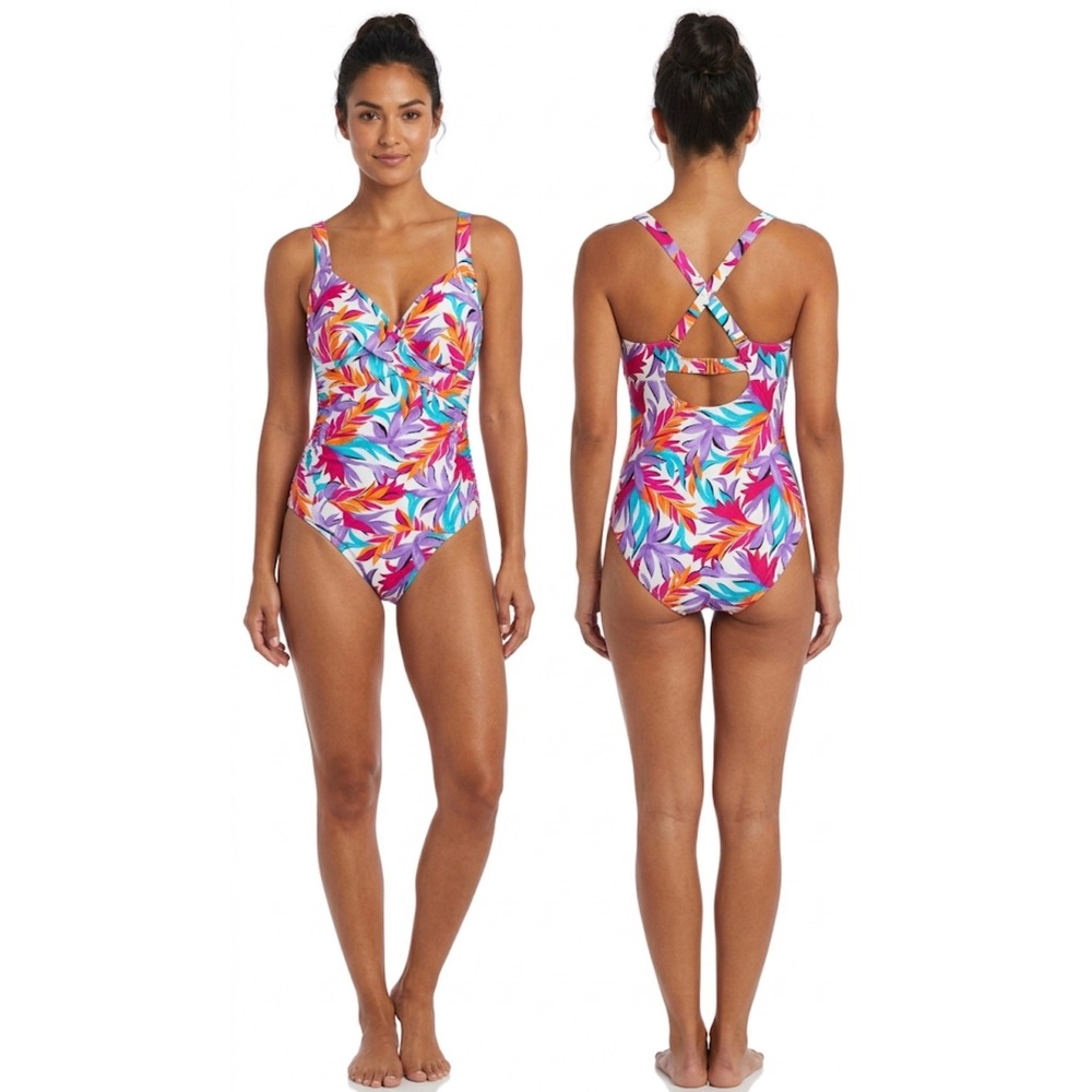 Anne Cole Twist Front Over The Shoulder One Piece Swimsuit Tropical Leaf Print 8